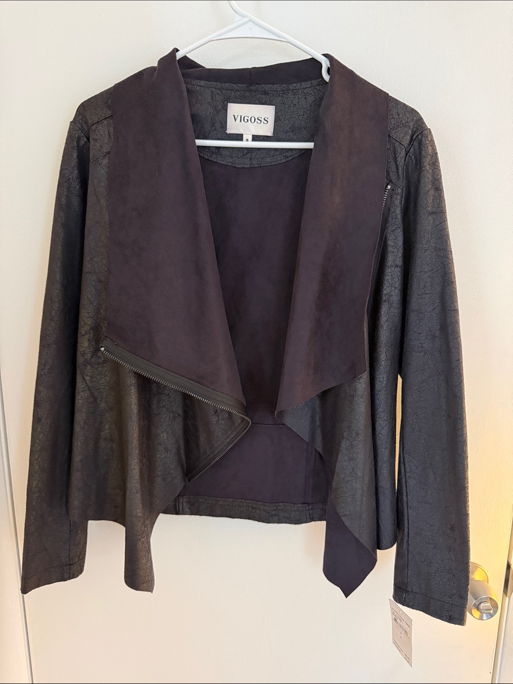 Vigoss Black Faux-Leather Draped Open Front Jacket